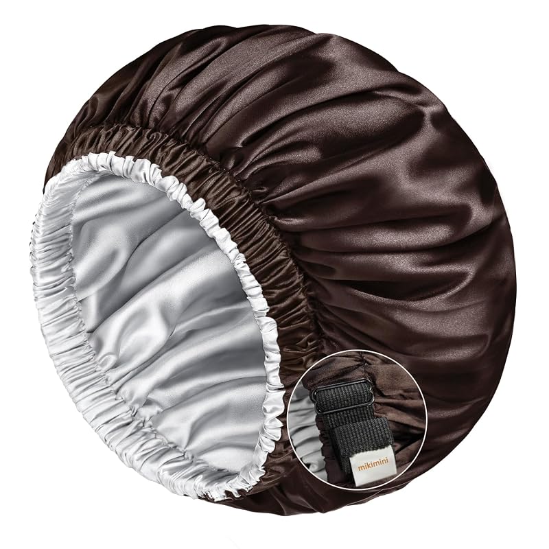 Touca de cetim mikimini dupla face e dupla camada com faixa elástica ajustável, XL, Black/silver