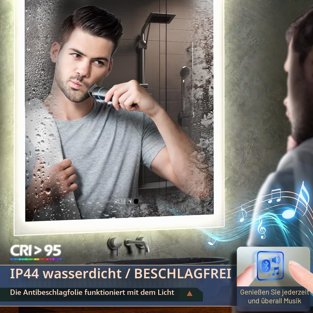 GANPE LED Badezimmerspiegel, Schminkspiegel Wandmontage, menschliche Induktion, Bluetooth, Anti-Beschlag, IP44 Wasserdicht + Vertikal & Horizontal (50 x 70 cm)