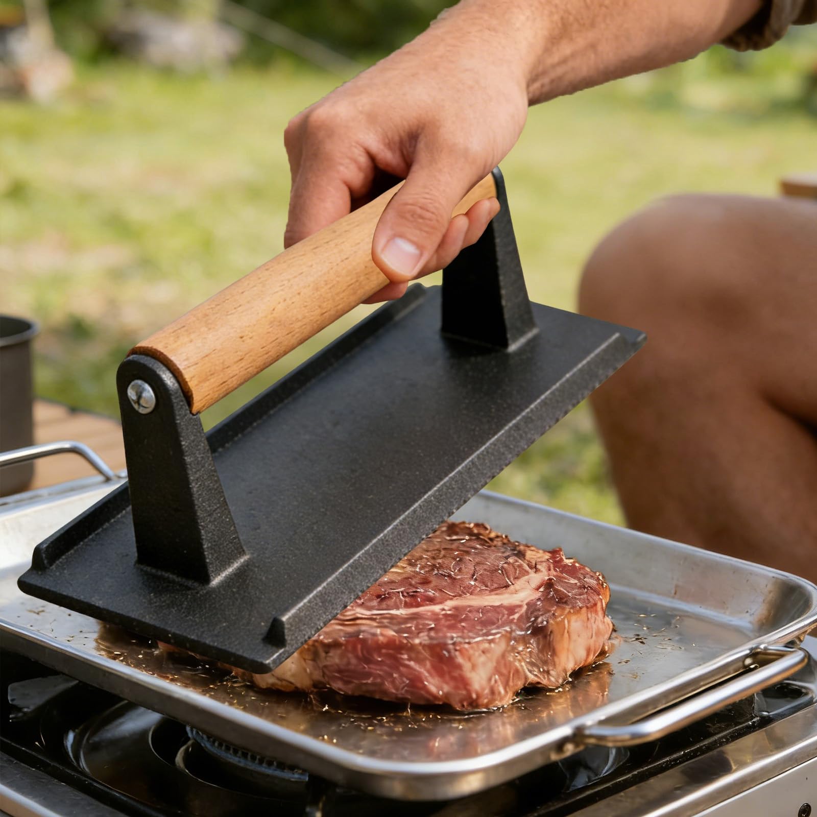 Cast Iron Steak Weight Meat Press Heavy-Duty Grill Press, Wood Handle