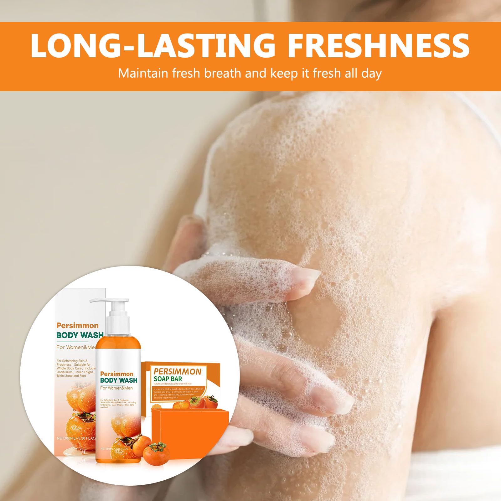 Set di sapone cachi e gel doccia Persimmon da 100 ml con sapone Persimmon, rete in schiuma per viso e corpo, pulizia profonda e idratante, per uomo e donna