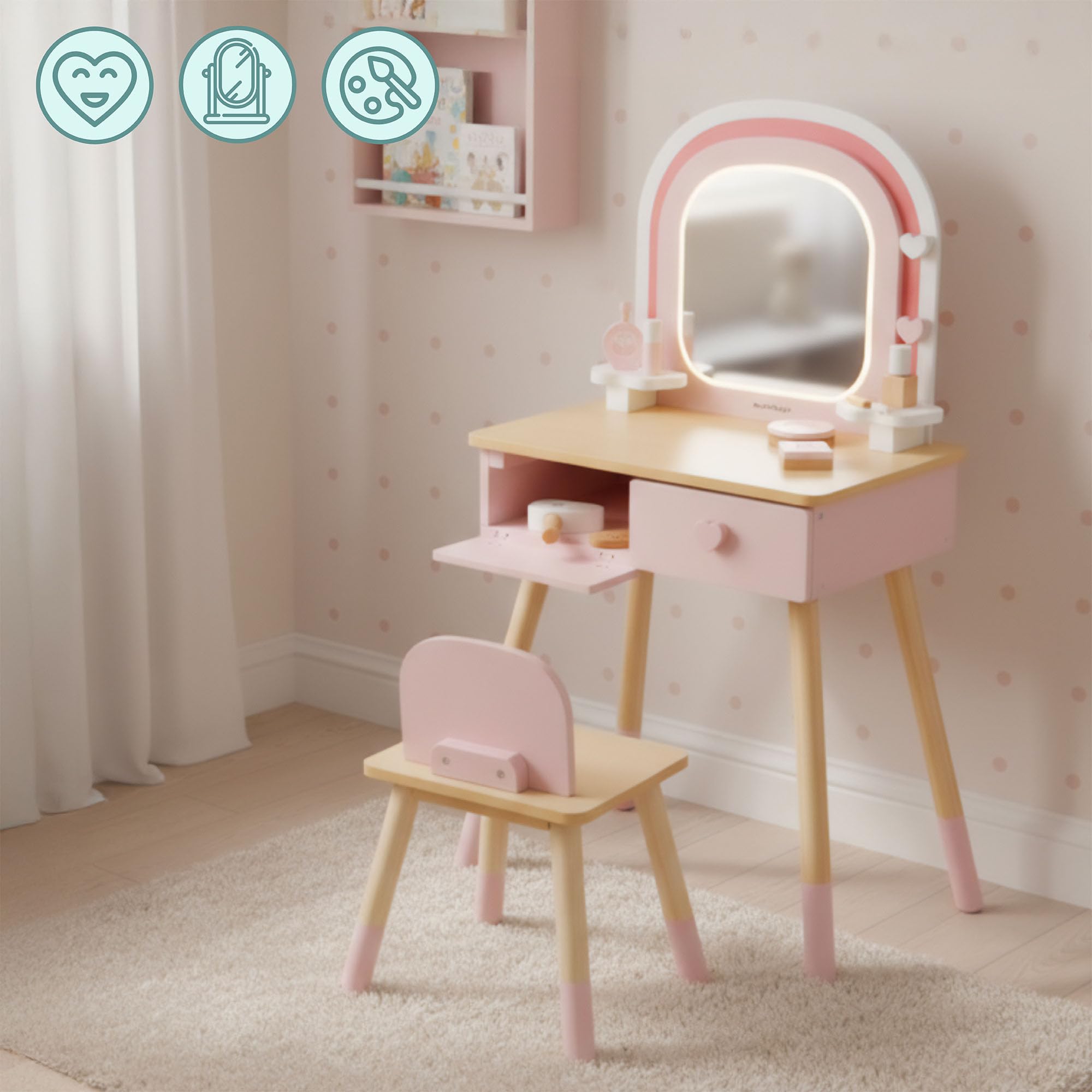 mamabrum Toeletta In Legno Per Bambini Con Specchio LED, Luce Regolabile, Sgabello E Accessori – Arredo Educativo E Creativo Ideale Per La Cameretta E Il Gioco Di Ruolo