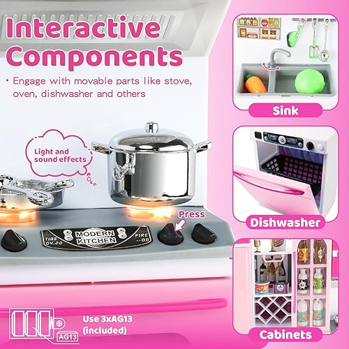 Miniatura 4 de 64 piezas de juguetes de cocina rosas con sonidos de luces, mini juegos de muebles de cocina para niños de 4 a 8 años, juguetes de muñeca para niños