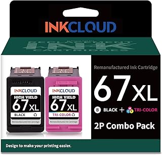 INKCLOUD 67XL Printer Ink Higher Yield Compatible with HP 67XL Ink Cartridge for HP Envy 6055 6052 6058 6075 Envy Pro 6455 6455e 6452 6458 DeskJet 1255 2732 2752 2755e 4140 4155 (1 Black 1 Tri-Color)