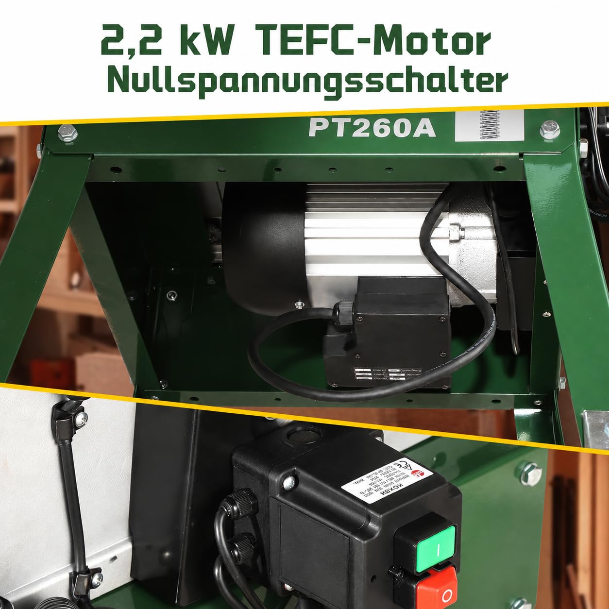 PT260A Hobelmaschine, Abricht- & Dickenhobelmaschine, 2200 W, 260 mm Hobelbreite, 160 mm Durchlasshöhe, 6500 U/min, 3 mm Spanabnahme, Abrichtanschlag, kompakt & mobil