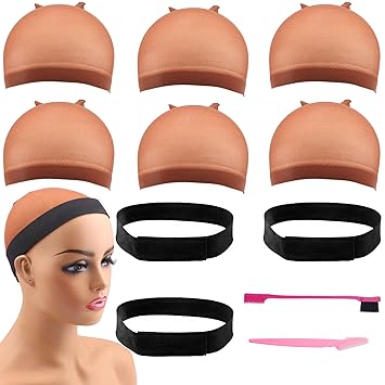3Pcs Elastic Band for Wigs Edges with Adjust Velcro Ends,Edge Slayer 60cm Edge Grip Band 3cm Width Edge Laying Band For Baby Hair and 6pcs Light Brown Wig Cap, 1 Wig Hair Edge Brush and 1 Eyebrow Razors for Women Men Girls