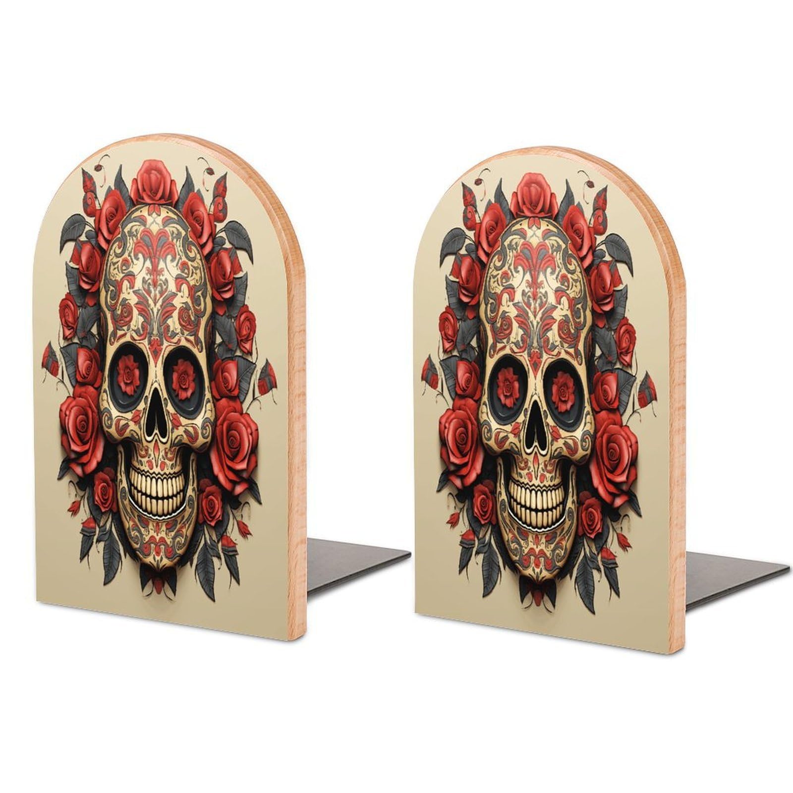 Red Rose Sugar Skull Bookend Wood Book End for Shelves Heavy Duty Non-Slip Wooden Bookend Support Universal Economy Bookends Fancy Modern Decorative Book Accessories 1 Pairs