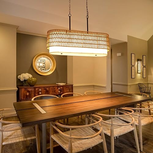 Miniatura 6 de HMVPL Candelabros de ratán para comedor, lámpara de comedor bohemia, lámpara colgante de cocina lineales de 5 luces con pantalla de tela, lámpara