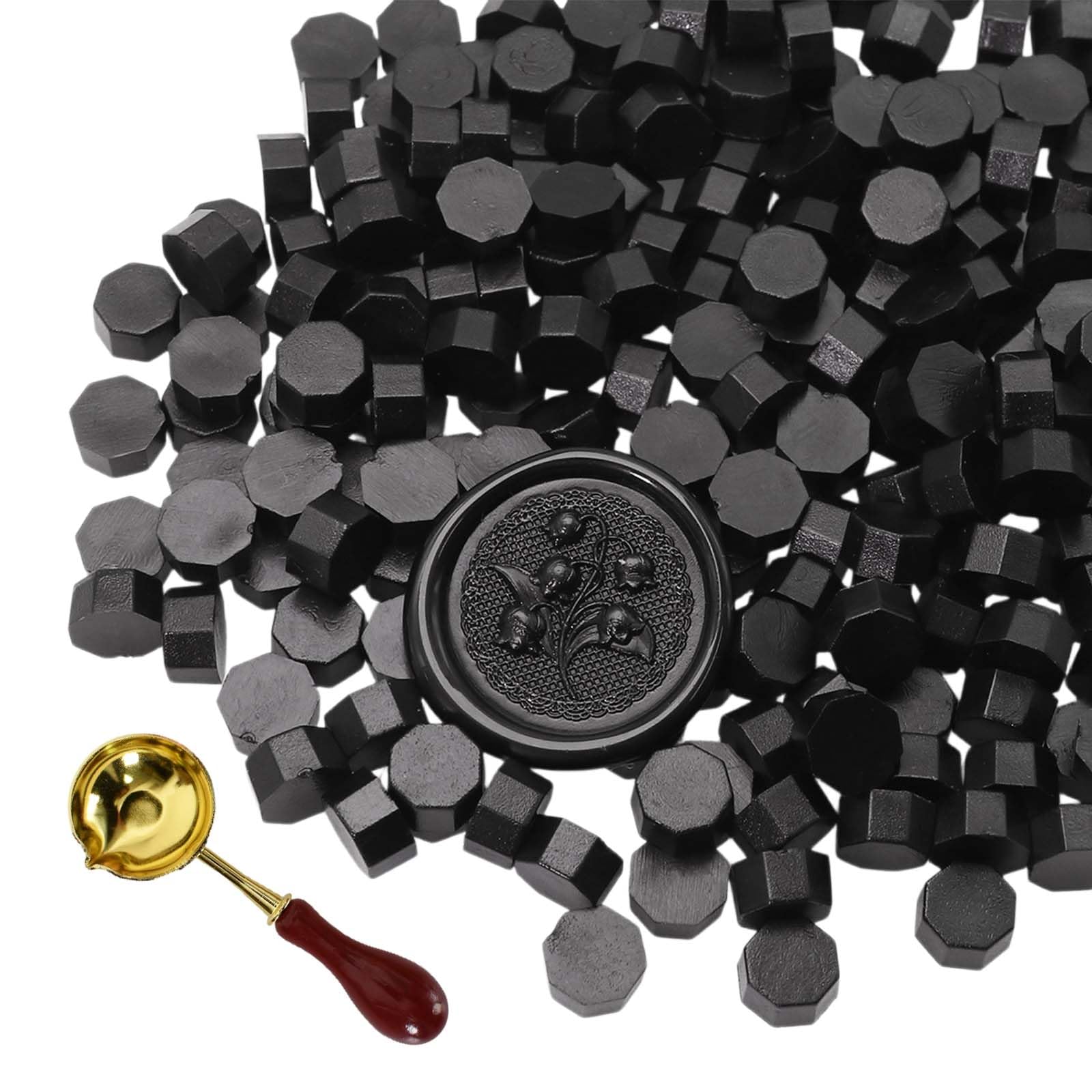 Perles de Cire à Cacheter Octogonales Lot de 300 avec Cuillère de Fusion - Sceaux de Cire pour Tampon, Lettres, Invitations (Noir)