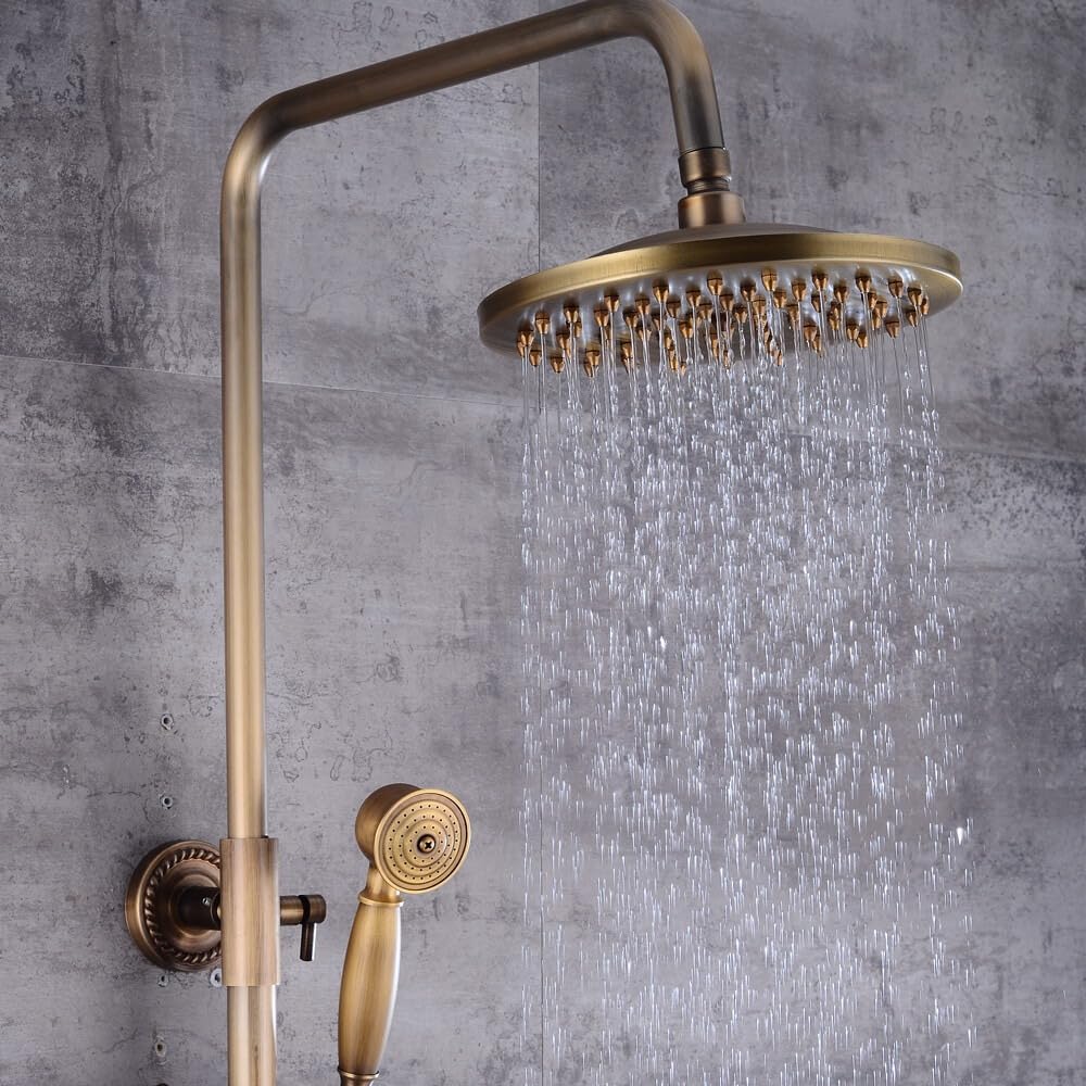 Colonna doccia bronzo con doccia a pioggia e doccetta a mano, set doccia vintage per bagno, set doccia in rame regolabile in altezza, rubinetto da bagno retrò con attacco da 150 mm