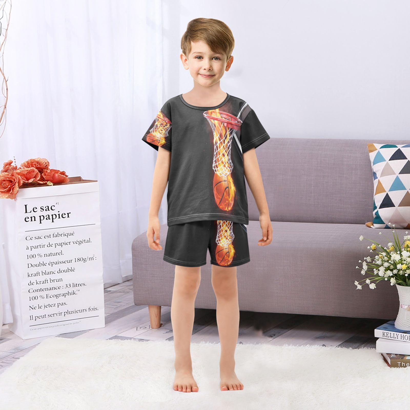 Ensemble de pyjama court pour enfants Flammes Basket Plat Fille Garçon Ensemble de pyjama en coton Ensemble de vêtements de nuit d'été Basketball