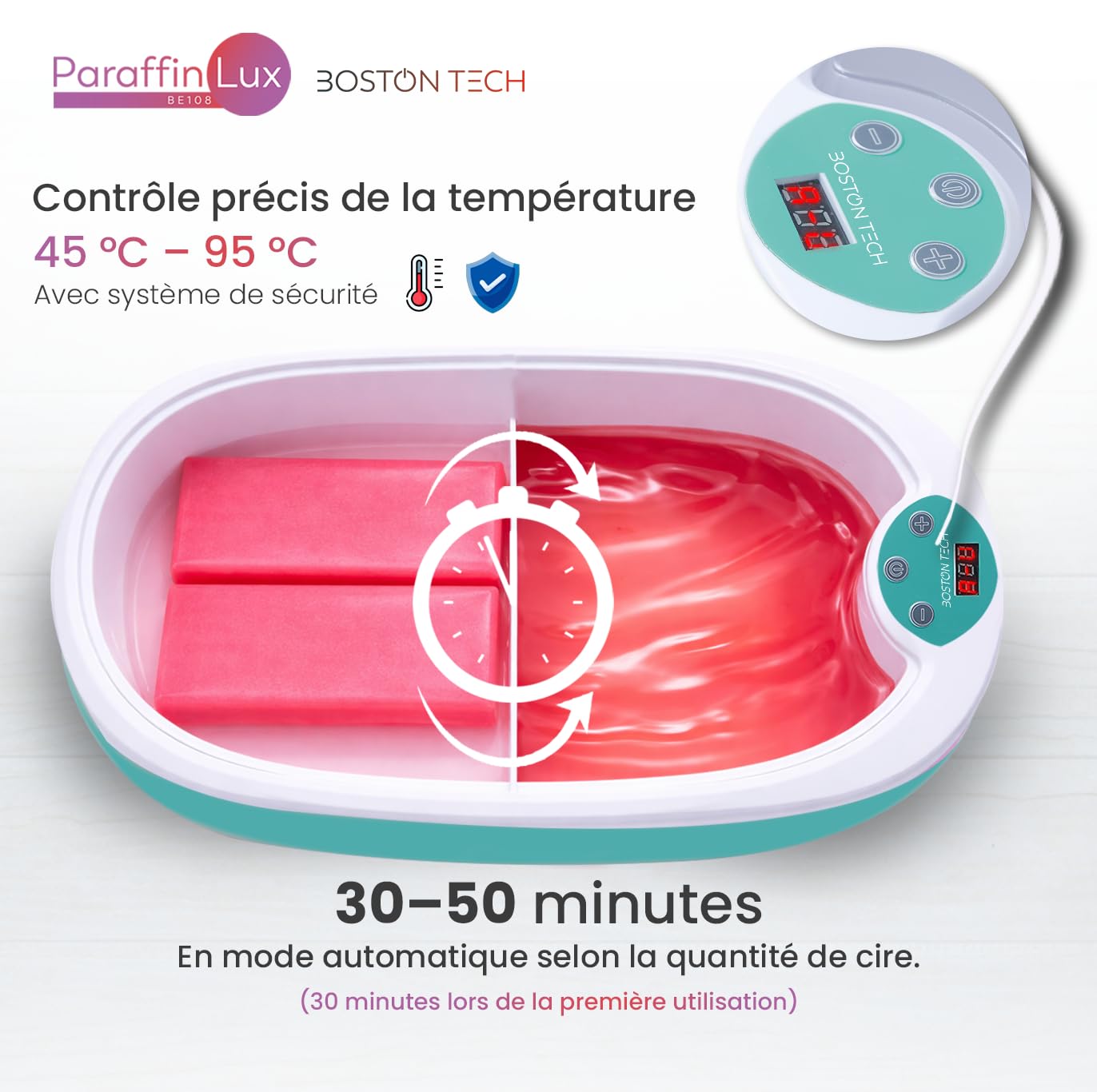 Bain de Paraffine pour les Mains et les Pieds de Boston Tech® | Soulagement des Douleurs Musculaires et Arthrite | Hydrate, Adoucit et Revitalise la Peau | Capacité 5L + 2 Blocs de Cire + Accessoires