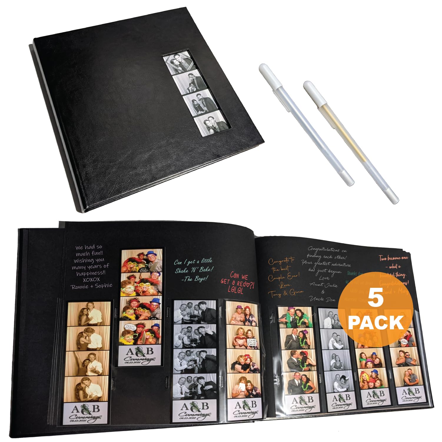Photo Booth Nook | Photo Booth Album (5 counts) | Black Cover - 40 Black Pages | 160 Slots for 2x6 Photo Strips | 2 x 6 Cover Photo Slot | Silver and Gold Gel Pens | Bulk