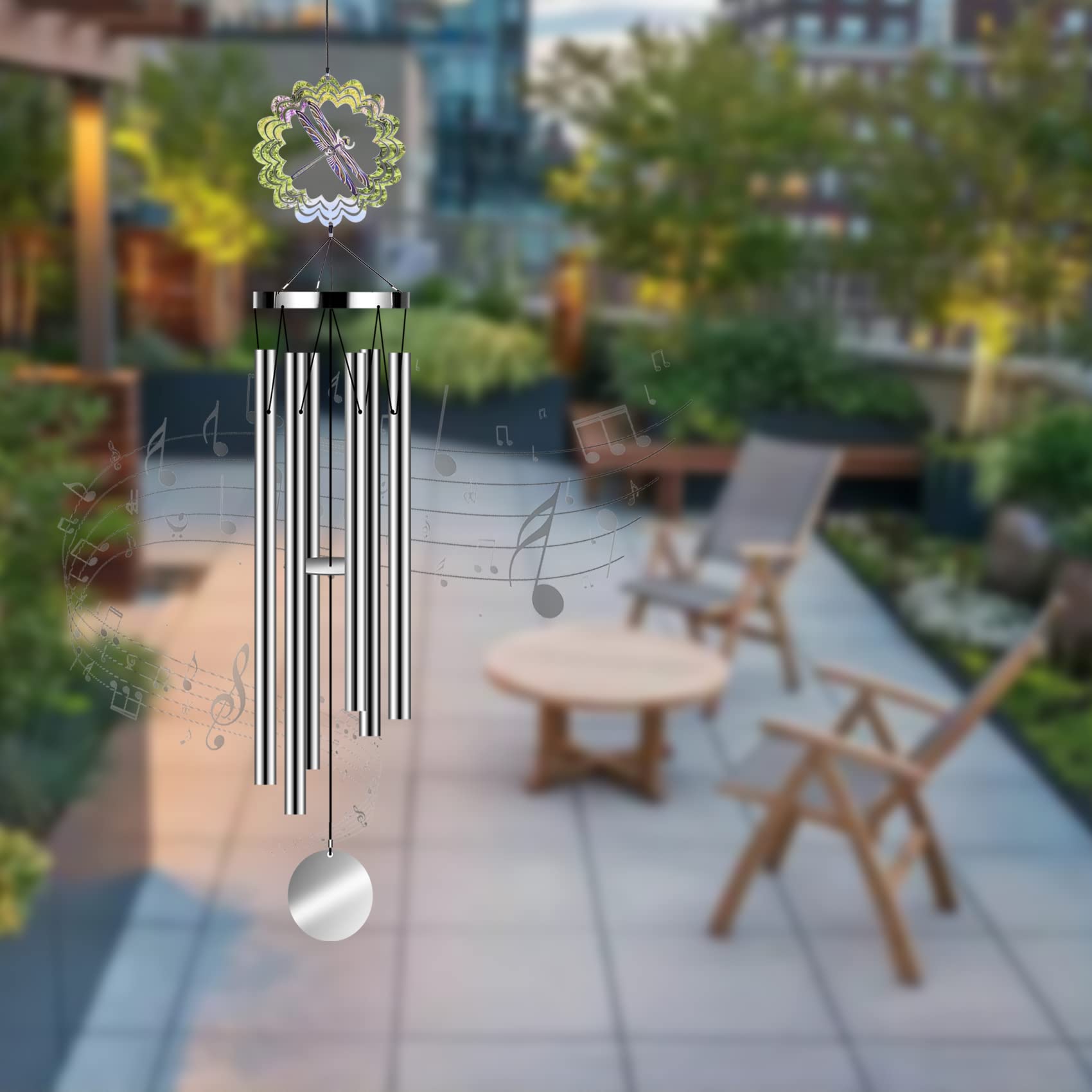 HELFNE Reflective Metal Wind Chimes for Outside to Keep Birds Away,Deep Stainless Steel 6 Tube Outdoors Dragonfly Windchimes