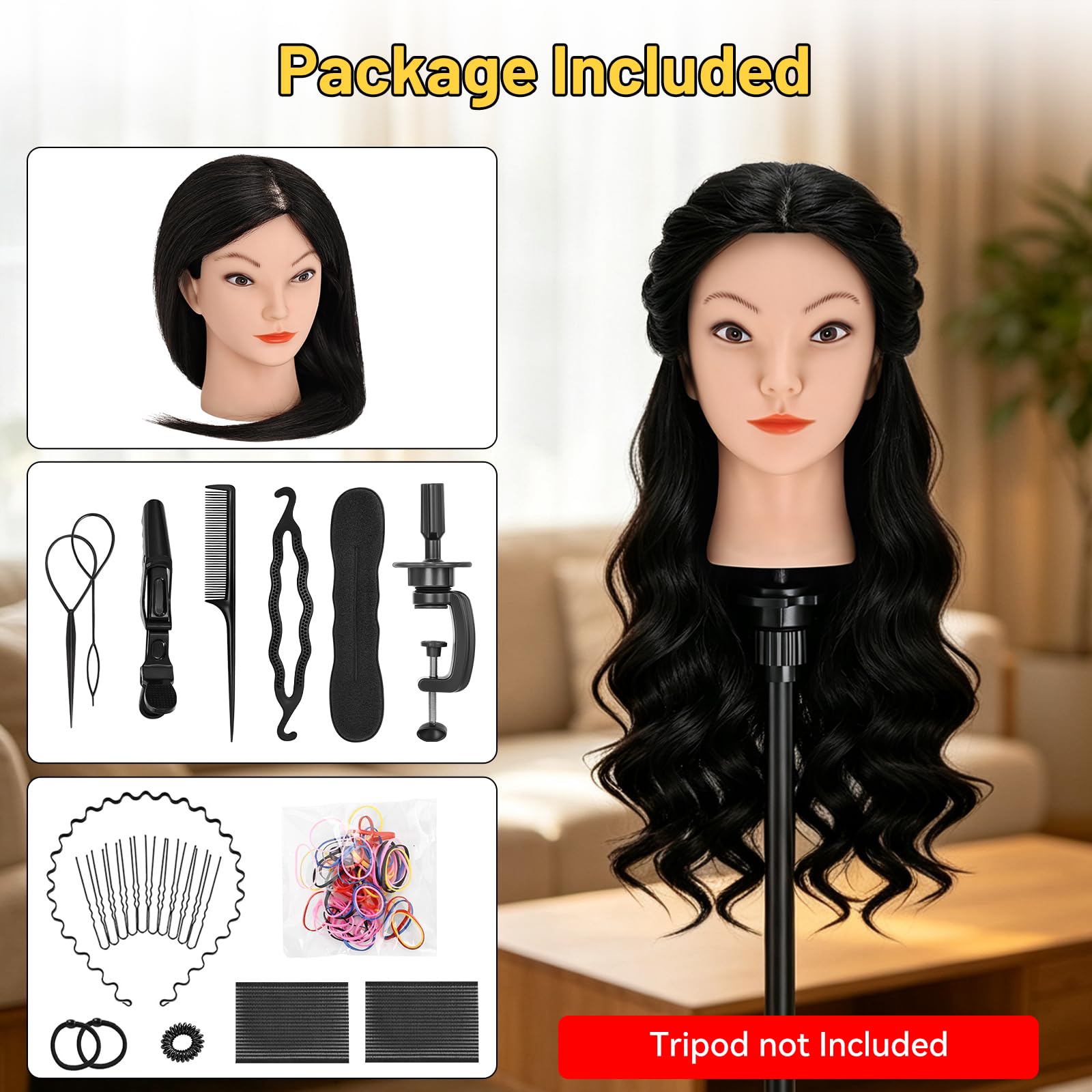 Yofuly Friseur-Trainingskopf, 45,7 cm, 100 % Echthaar, Manikin-Kosmetologie-Puppenkopf zum Flechten & Haarstyling, Übungskopf mit Tischklemme + DIY Zopf-Set (schwarz)