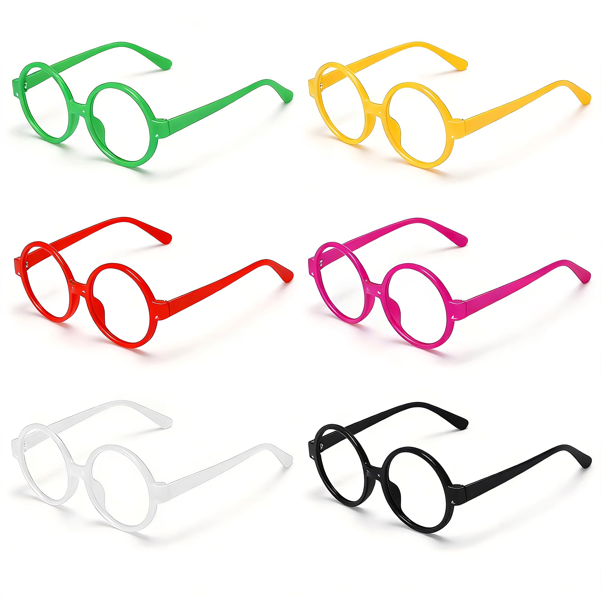 cadelon 6-Piece Set of Round Fake Glasses Frames, Plastic Wizard Glasses, No Lenses, for Adult Fancy Dress and Cosplay Parties, Costume Glasses Accessories in 6 Colors