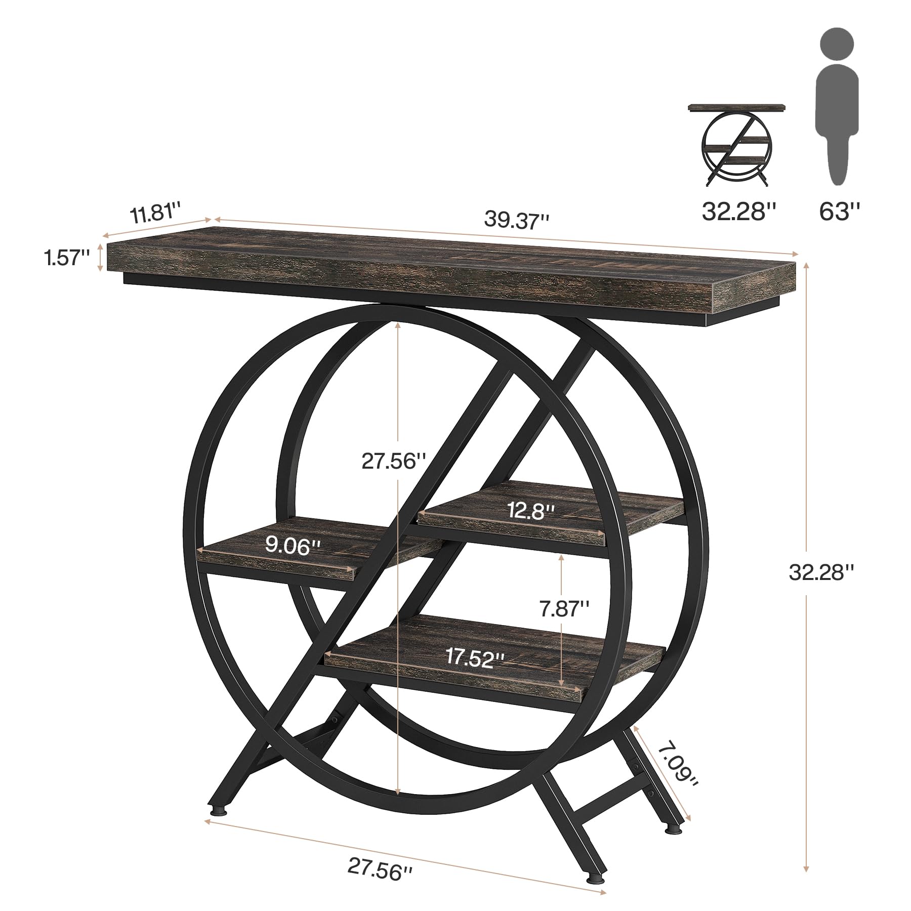 Tribesigns Stół konsolowy, 100 cm, stół wejściowy z pogrubionym blatem, przemysłowy, 4-poziomowy stół do korytarza, stolik z geometryczną metalową ramą, do salonu, wejścia, foyer (szary)