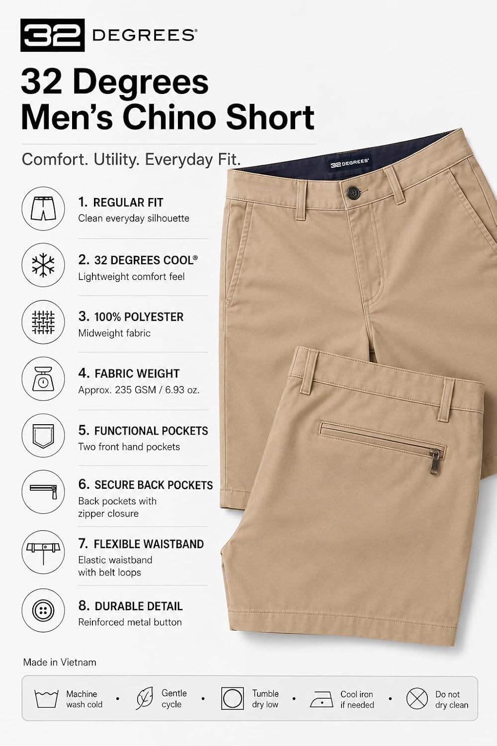 32 Degrees Men’s Stretch Chino Shorts – Lightweight Comfort Fit Casual Summer Shorts with Pockets