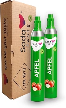 SodaTASTE CO2 Cylinder Replacement Pack of 2 Refill for Water Carbonators with Natural Apple Flavour No Syrup for up to 120 L Sparkling Water with Flavour Sugar-Free Attention 2 Empty Cylinders Required
