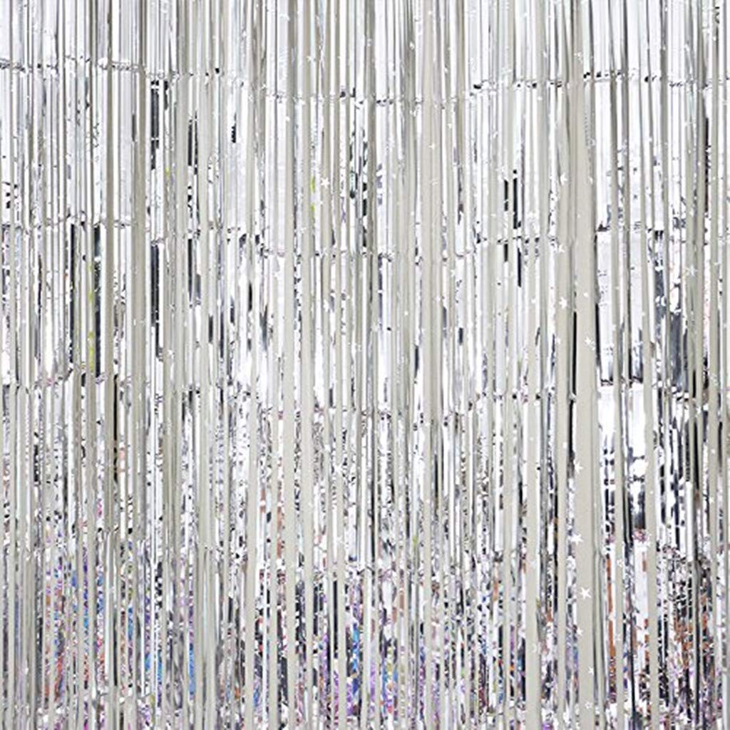 Foil Fringe Party Curtain Metallic Tinsel Tassel Rain Curtain Backdrop Wedding Birthday Party Banquet Christmas Decoration, 92x245cm (Silver)