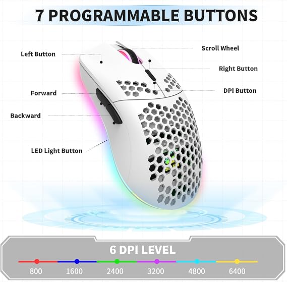 Wired Gaming Mouse, 6 RGB Lighting 6400 DPI Programmable USB Gaming Mice with 6 buttons, Honeycomb Shell Ergonomic Design for PC Gamers and Xbox and PS4 Users -White