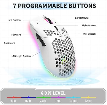 Wired Gaming Mouse, 6 RGB Lighting 6400 DPI Programmable USB Gaming Mice with 6 buttons, Honeycomb Shell Ergonomic Design for PC Gamers and Xbox and PS4 Users -White
