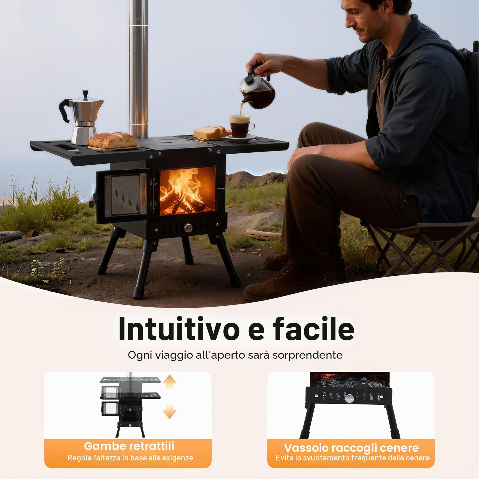 Stufa a legna, stufa a legna portatile per tende, fornello da campeggio con gambe pieghevoli e tubi per camino, per esterni, campeggio, cucina