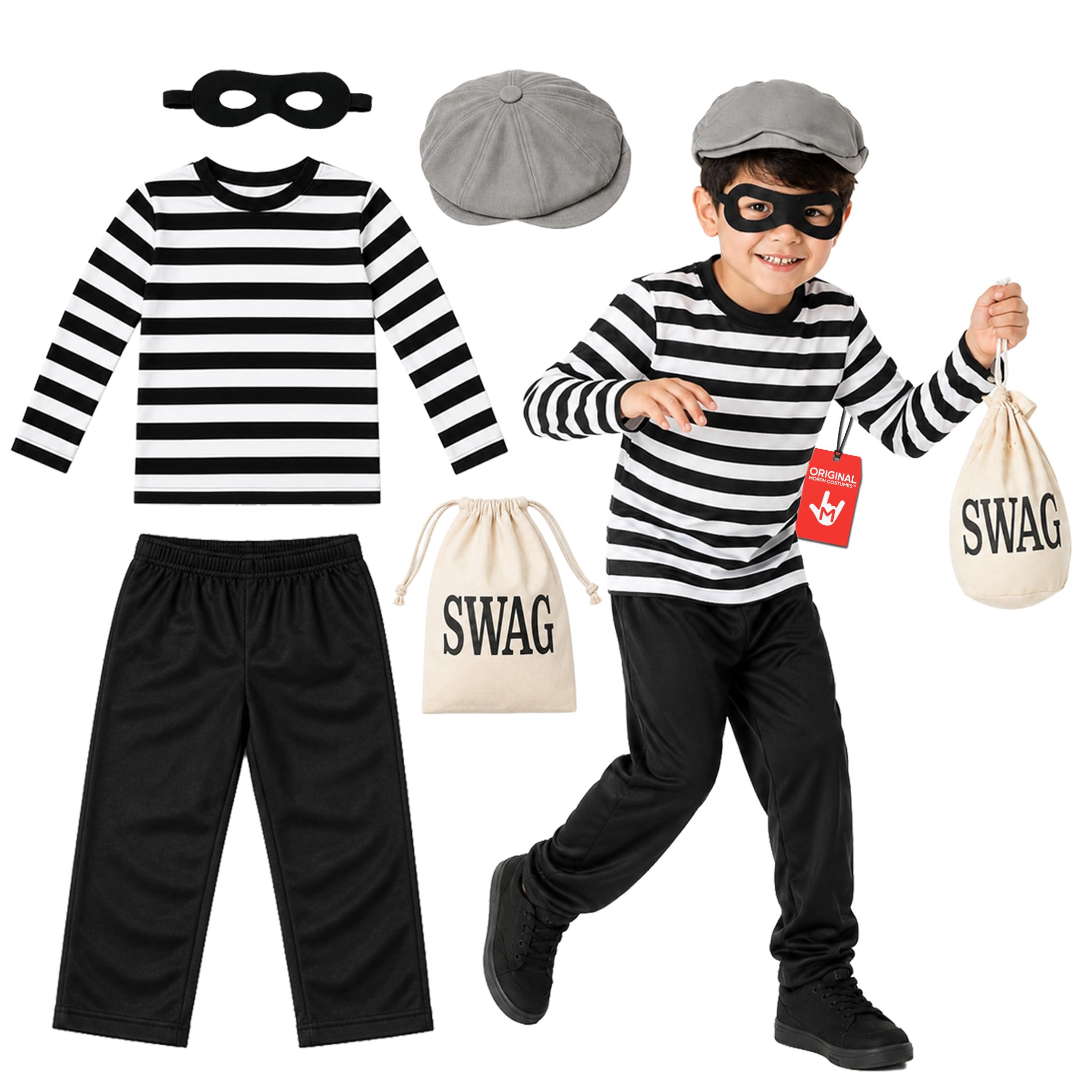 Fun Shack Costume Ladro Bambino, Costume Halloween Bambino | Maglietta a Righe, Pantaloni, Berretto, Mascherina & Sacco del Bottino, Perfetto per Halloween, Ideale per il Gioco di Ruolo