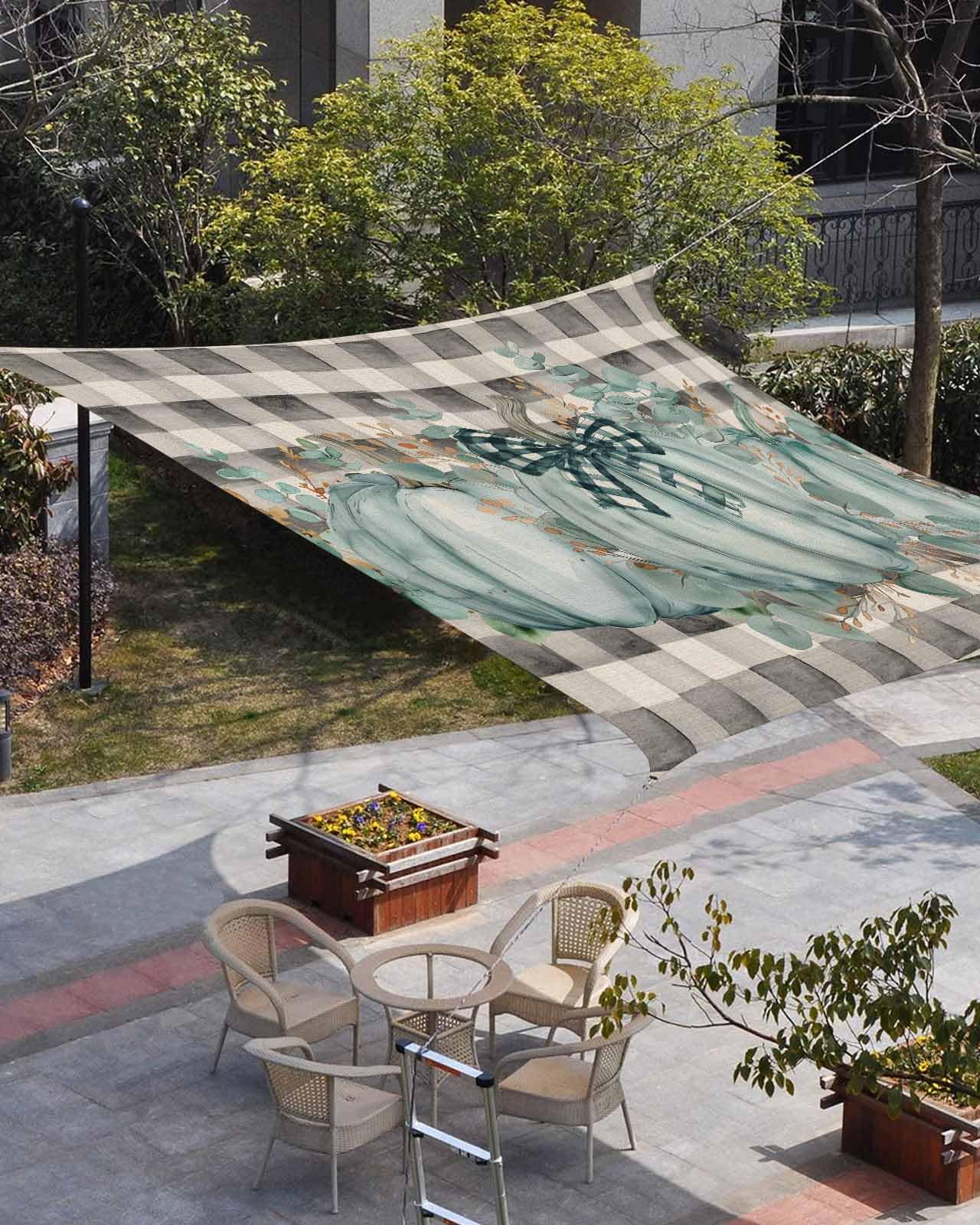 Waterproof Sun Shade Sail Fall Thanksgiving Green Pumpkin Eucalyptus Leaves Plaid Linen Outdoor Patio Sun Shades Canopy UV Block Water Resistant Sunshade for Garden Backyard Deck Pergola 6.5x10 Ft