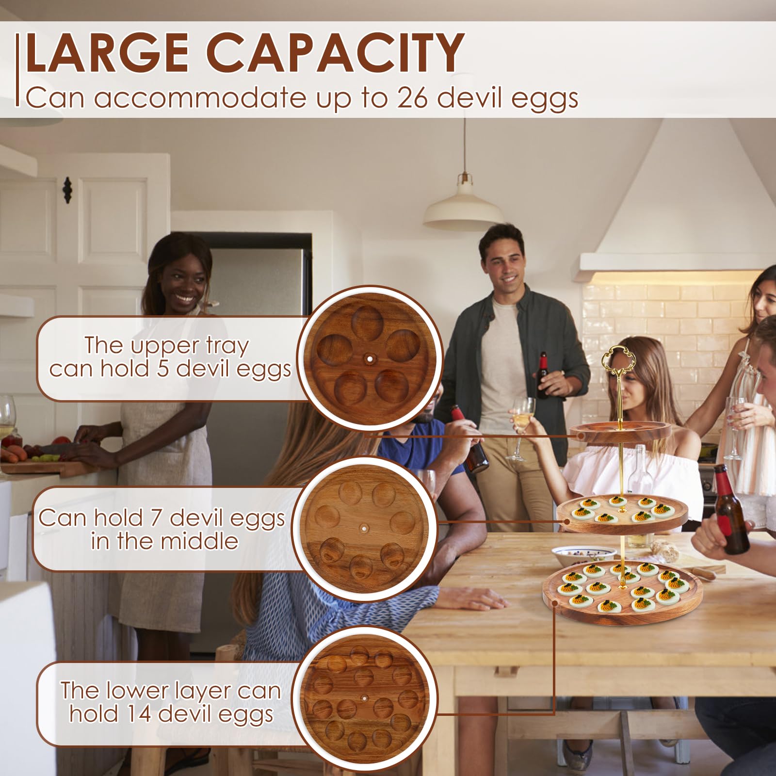 3 Tier Wooden Deviled Egg Platter, 26 Holes Double Sided Egg Serving Tray Holder, Fruit Stand Plate for Cupcake Fruit Candy, Reversible Cake Display Platter for Gatherings Housewarming