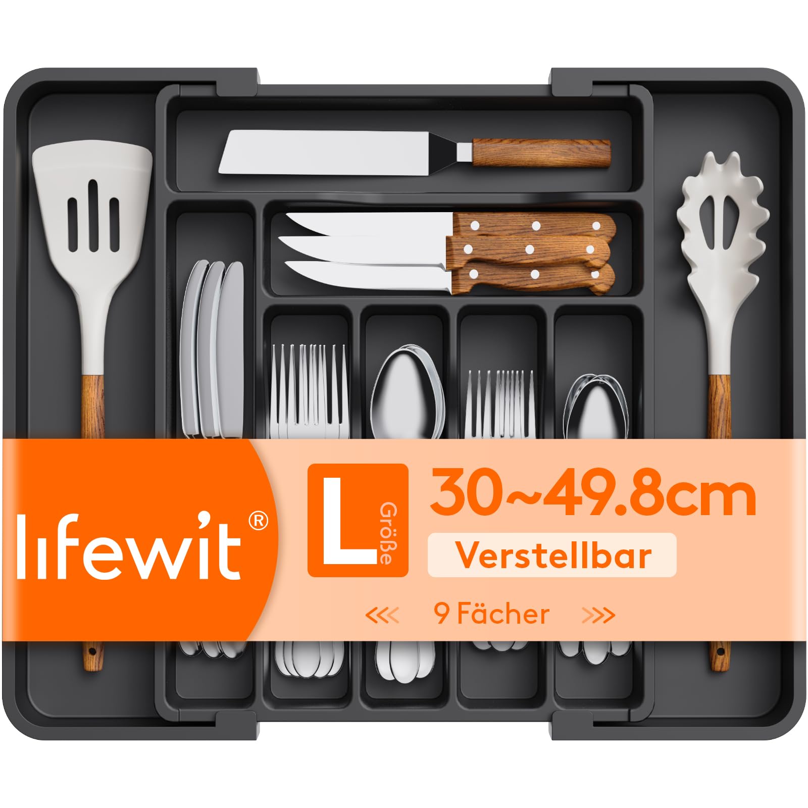 Lifewit Utensil Organizer for Kitchen Drawer, Expandable Cooking Silverware Tray, Adjustable Cutlery Flatware Holder, Plastic Spatula Tools Storage Divider, 11.8-19.6 x 15", Black
