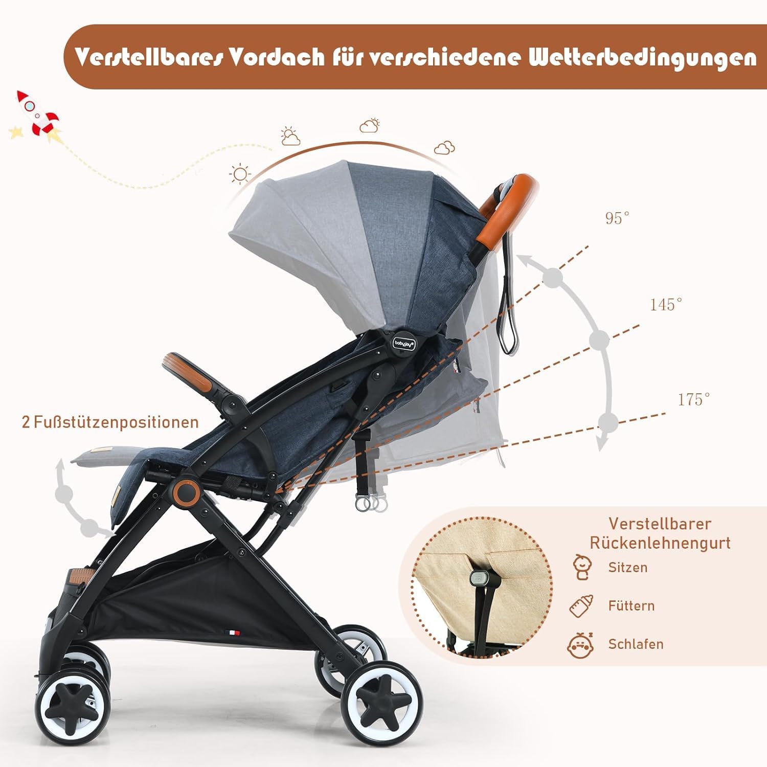 DREAMADE Kinderbuggy Klappbar mit Liegefunktion, Faltbar Buggy mit 5-Punkt-Sicherheitsgurt & Aufbewahrungskorb & Bremse, Kinderwagen für Baby 0-3 Jahren (Dunkelblau)