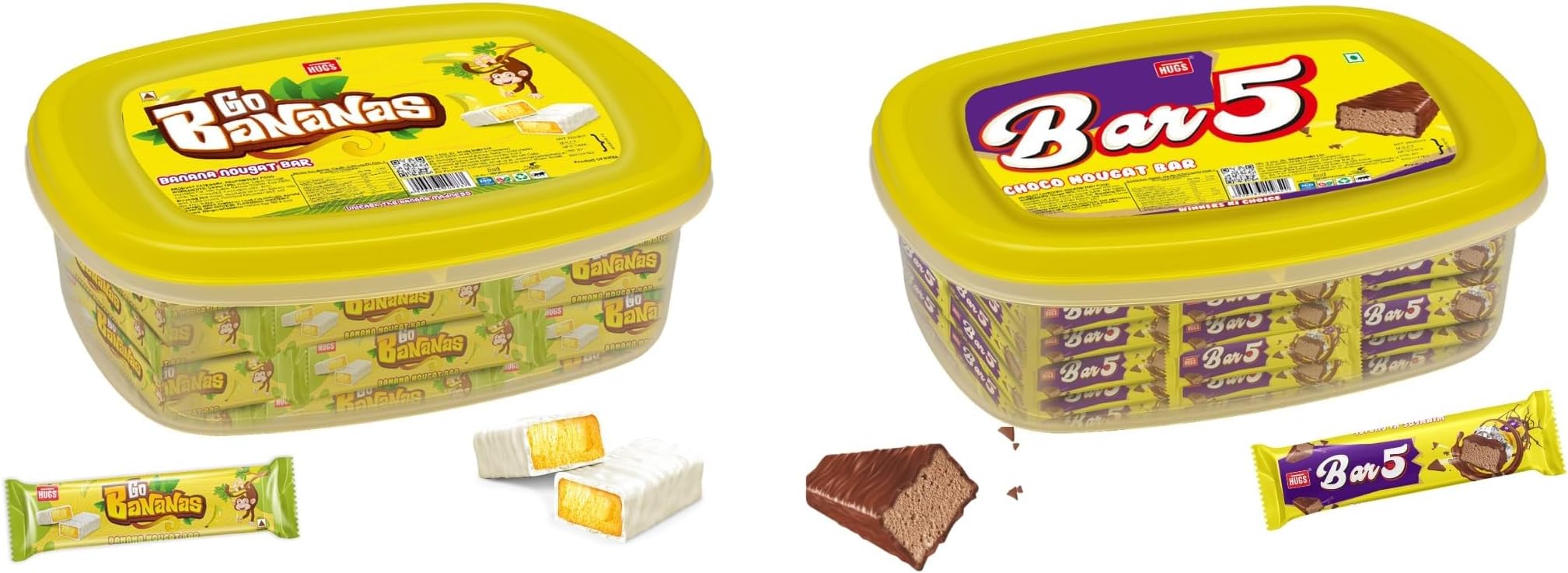 Hugs Bar 5 Choco Nougat Bars Container (30 pcs in a Container) and Go Bananas Chocolates Container | Premium Banana Nougat Bars (30 pcs in a Container) | Perfect for Gifting, Snacking Combo
