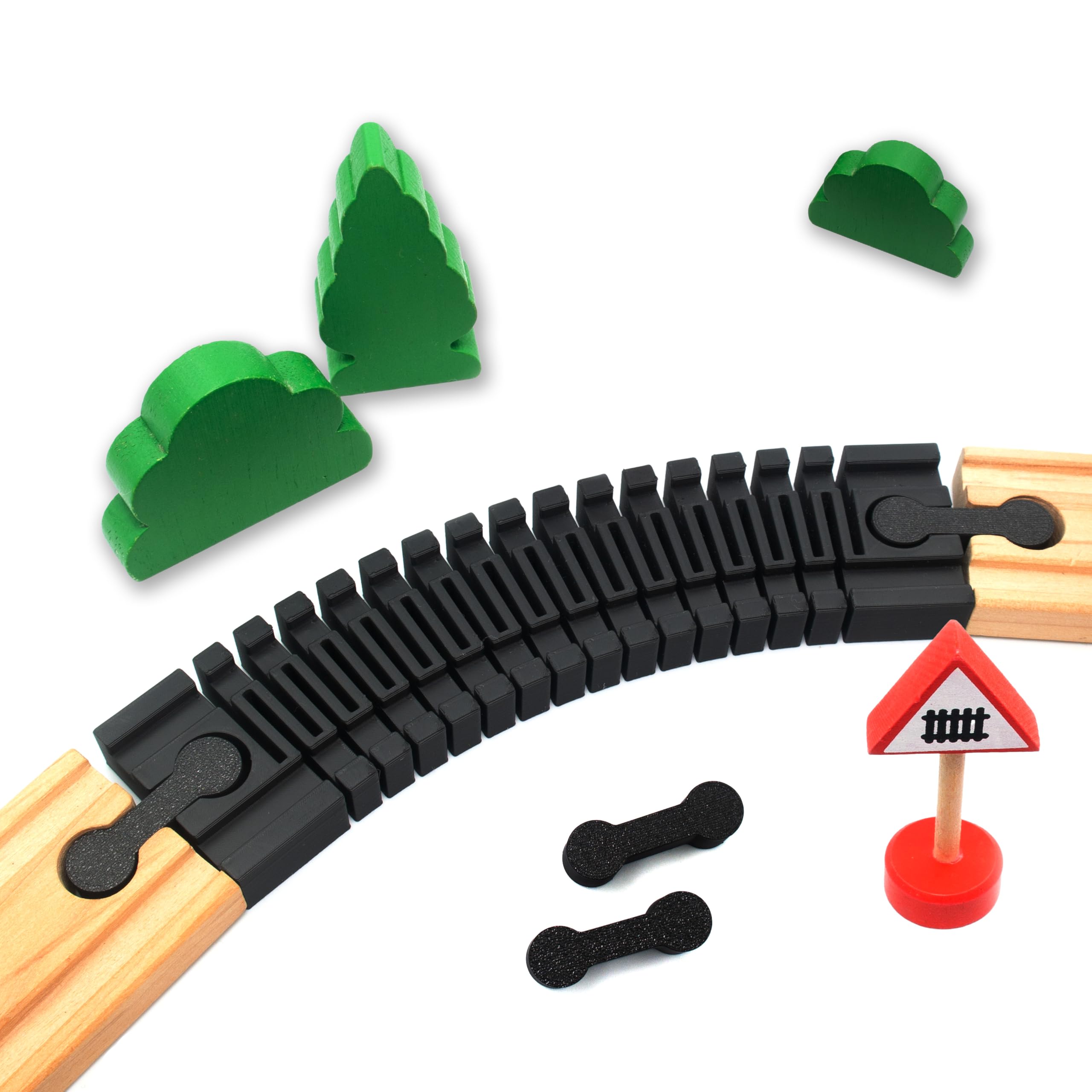 Szyna elastyczna – krzywa do 90° do drewnianych kolejek, kompatybilna z Brio, Eichhorn, IKEA Lillabo, łącznik szyny, elastyczna szyna, długość 16 cm, w zestawie adapter, pasuje zawsze (1 opakowanie)