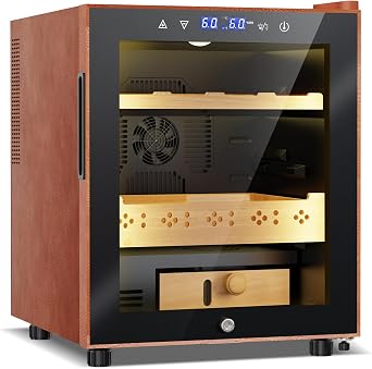 Velivi Electric Humidor with Leather-50L Cooling & Heating Humidor, Smart Touch Control Humidity & Temp, Humidors wtih Spanish Cedar Wood Tray, Digital Display, Safety Lock, Desktop Gift for Men