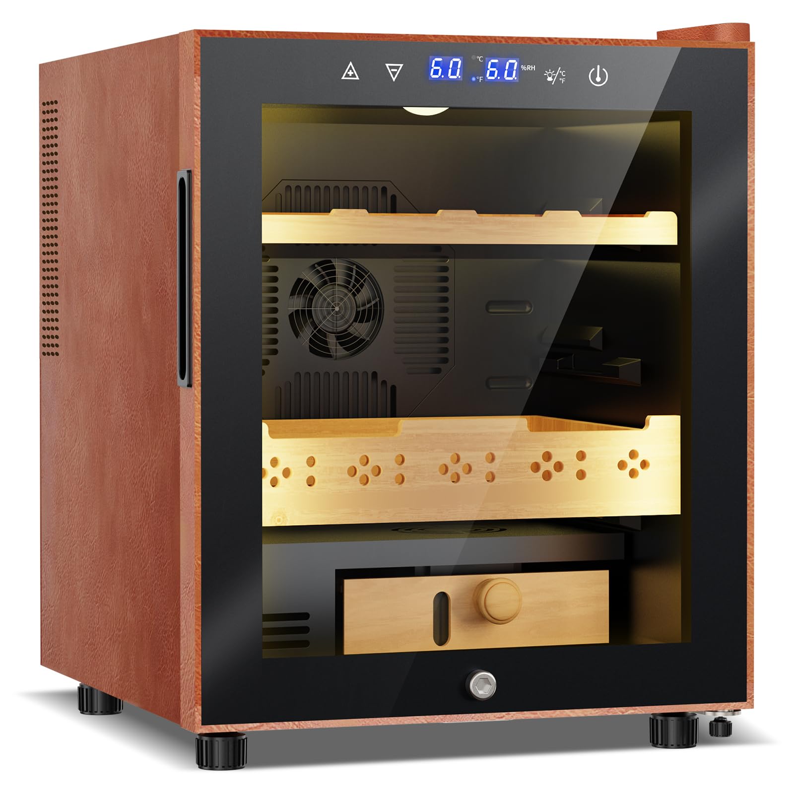 Velivi Electric Humidor with Leather-50L Cooling &amp; Heating Humidor, Smart Touch Control Humidity &amp; Temp, Humidors wtih Spanish Cedar Wood Tray, Digital Display, Safety Lock, Desktop Gift for Men