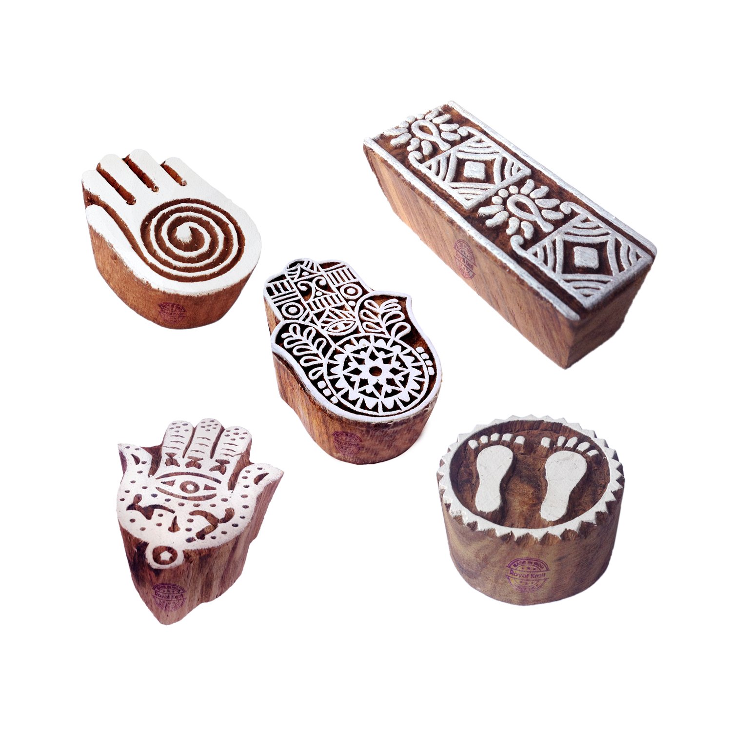 Royal KraftAttractive Pattern Mix and Hamsa Hand Wooden Blocks for Printing (Set of 5)