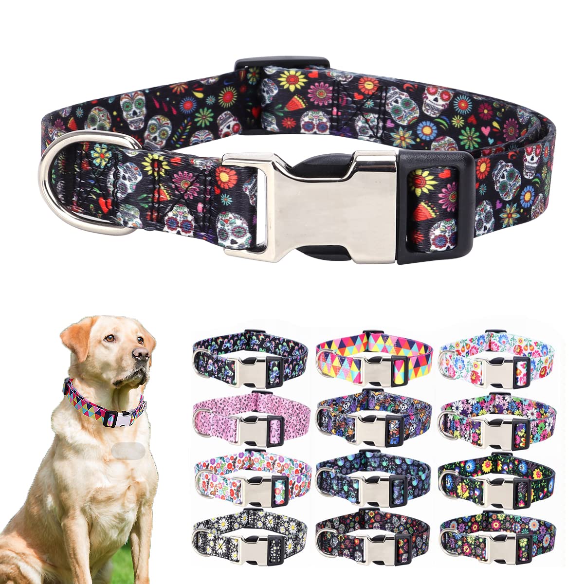 Collar de nailon para perros de todos los tamaños con estampado 3D multicolor ajustable