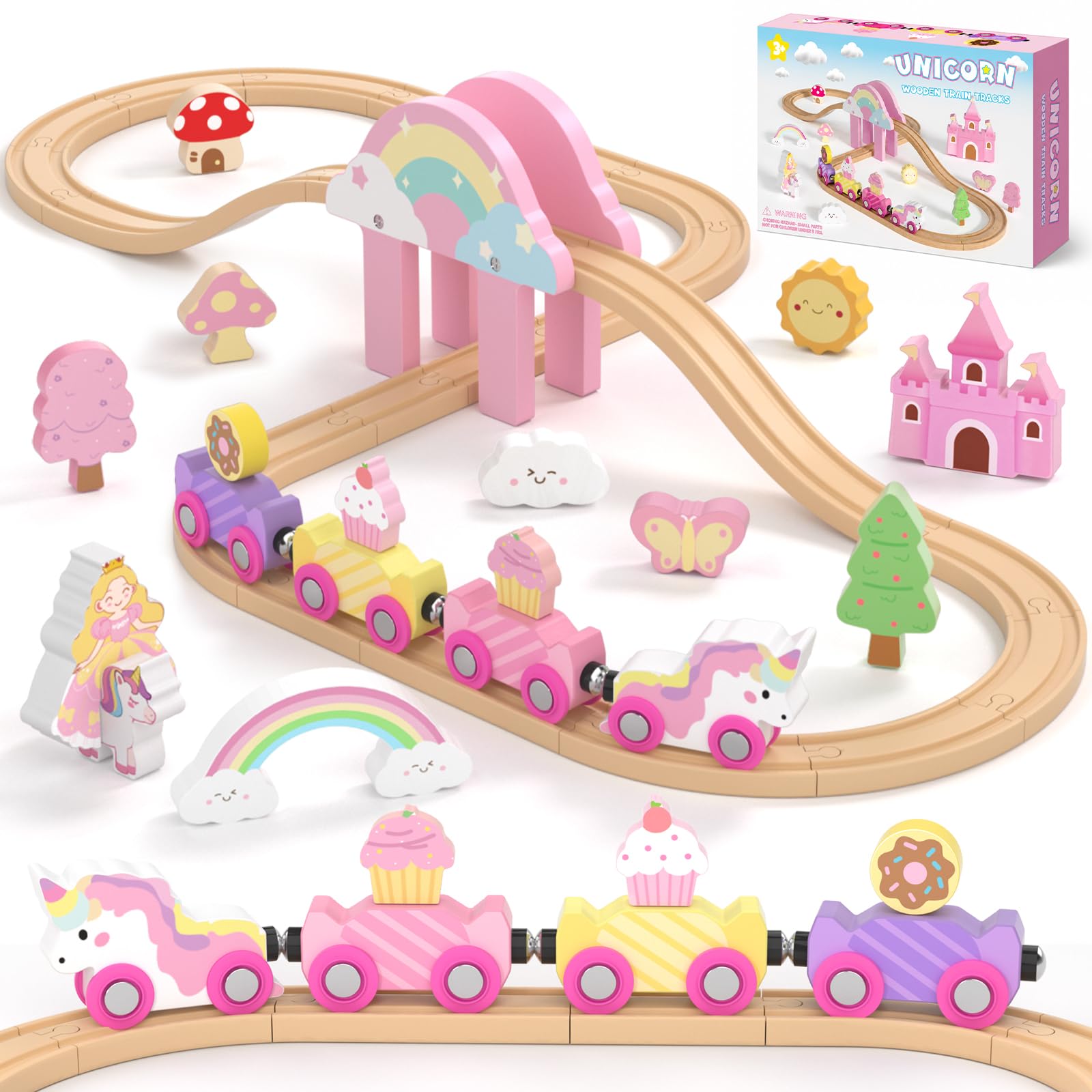 Unicorn Gifts for Girls - Wooden Train Set Toddler Toys for Kids Ages 2-4