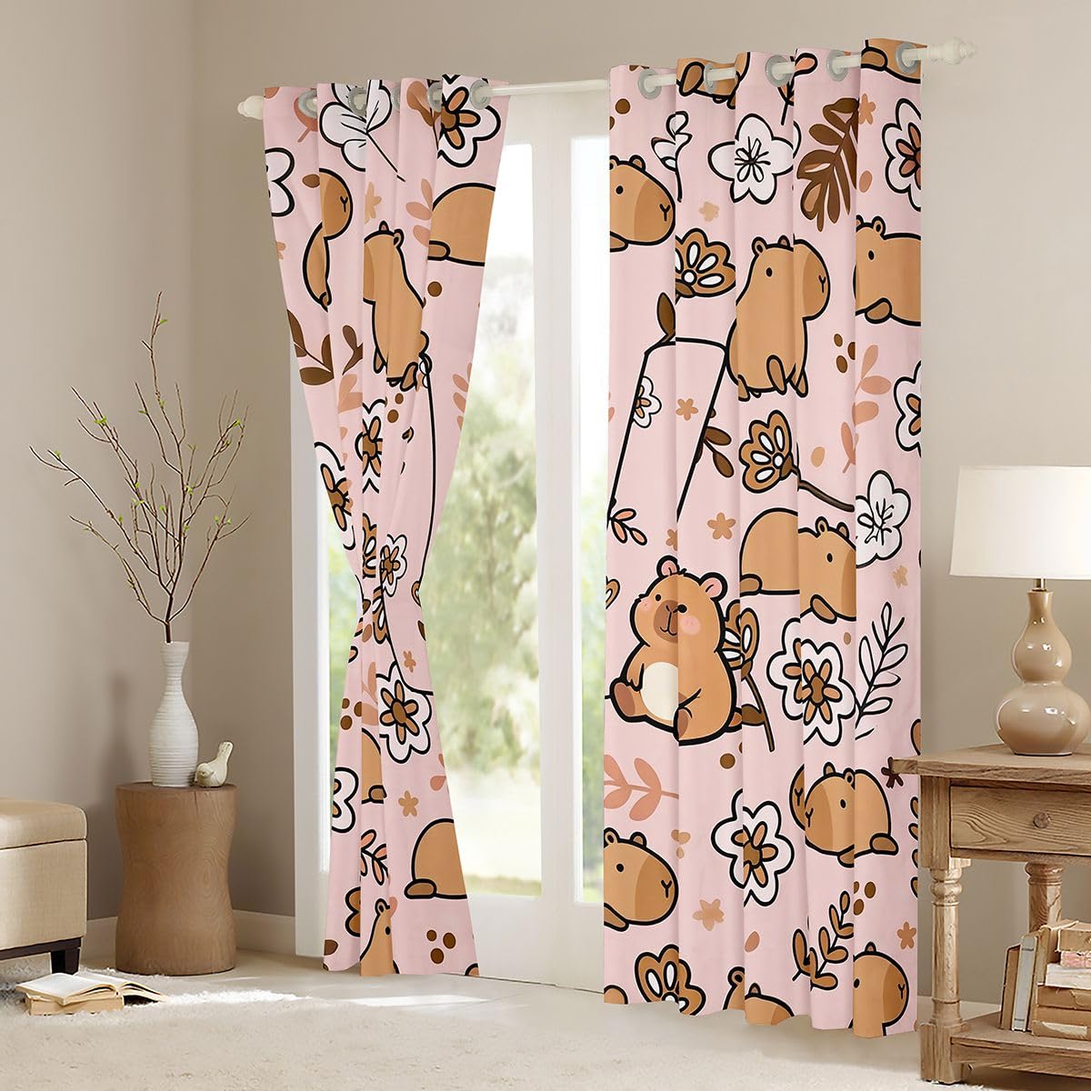 Homewish Cartoon Capybara Curtain 137x117(HxB) Niedliche Tiere Vorhänge Schlafzimmer Capybara Liebhaber Buchstabe V Verdunkelungsvorhänge Zweige Florale 2 Paneele Vorhang