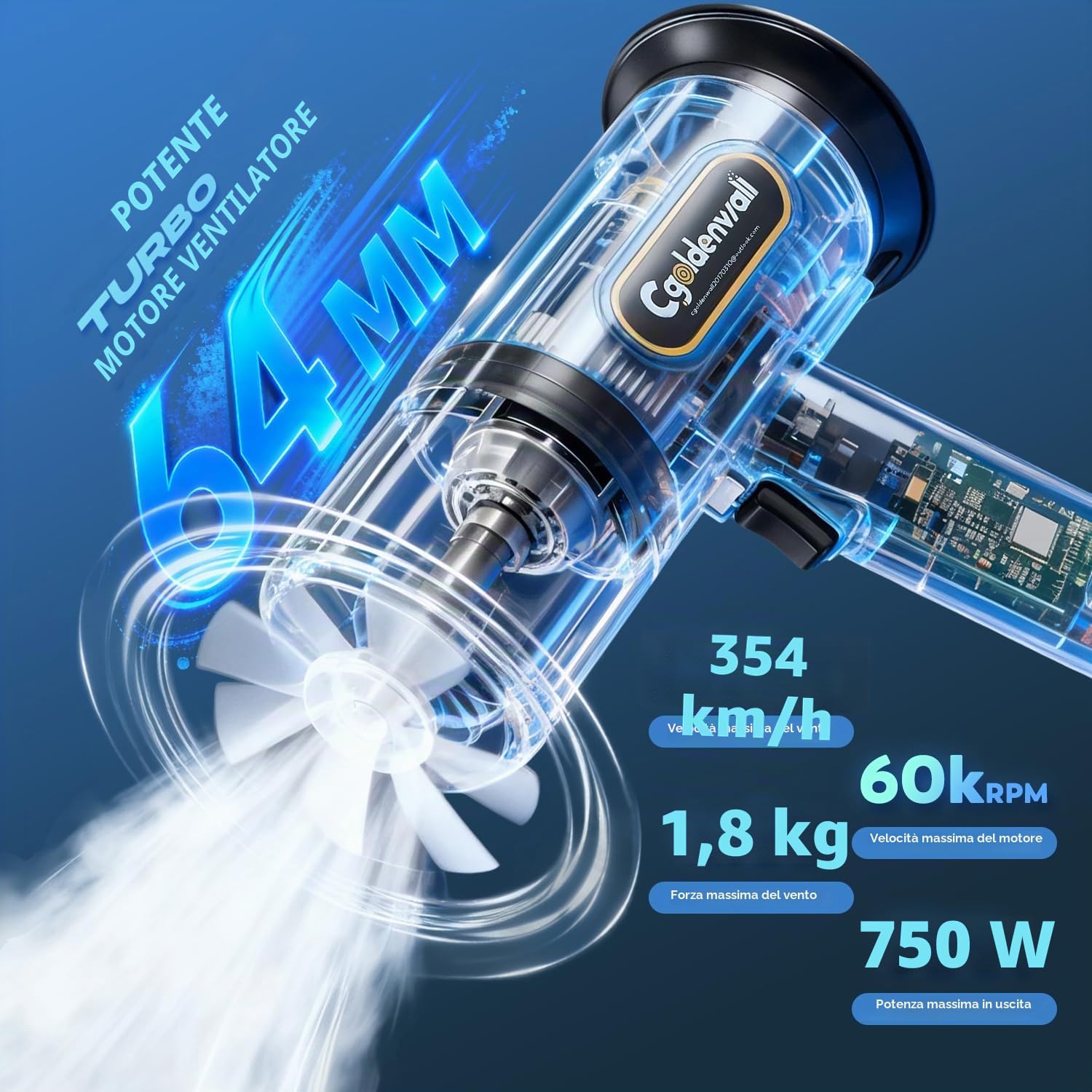 CGOLDENWALL Soffiatore a Batteria 21V, Soffiatore Foglie con 2 Batterie da 4.0 Ah, Motore da 60000 giri/min, 4 Velocità Regolabili, Portatile per Giardino, Patio, Auto e Pulizia della Neve