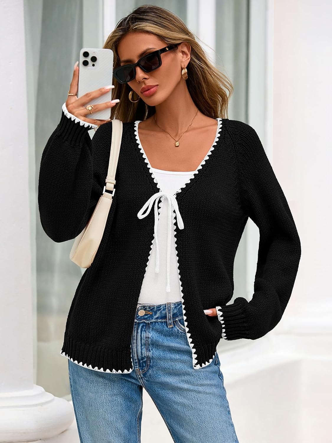 PRETTYGARDEN Womens Fall Cardigan Sweaters 2026 Long Sleeve Open Front Tie Knit Loose Cute Lightweight Sweater - Image 3