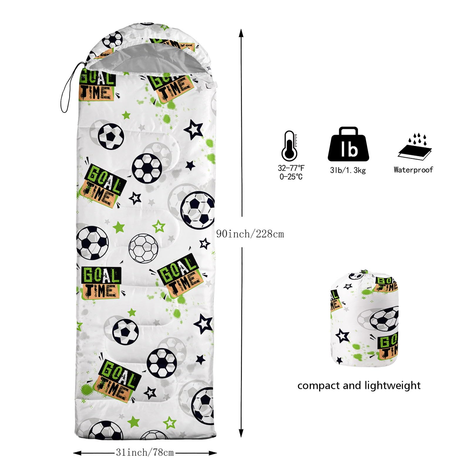 HOSIMA Kinderschlafsäcke für Jungen, buntes Fußball-Thema, Bedruckt, leicht, warm, tragbar, für draußen und drinnen, wasserdicht, kältebeständig, Schlafsack für Camping, Wandern