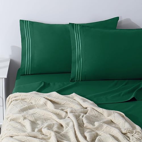 Miniatura 3 de CozyLux Hotel Luxury - Juego de sábanas de tamaño King, serie 1800, sábanas bordadas de microfibra verde bosque, doble cepillado, bolsillo profundo