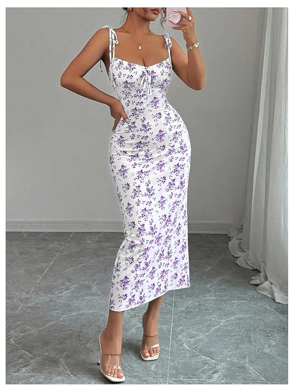 GORGLITTER Women's Floral Fishtail Midi Dresses Tie Shoulder Spaghetti Strap Summer Casual Vacation Beach Sun Dresses Purple X-Large by GORGLITTER - Used condition - Image 4
