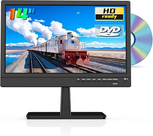Feihe Televisor de pantalla ancha LED HD de 14 pulgadas con reproductor de DVD incorporado, 1080p pequeño televisor de pantalla plana y DVD