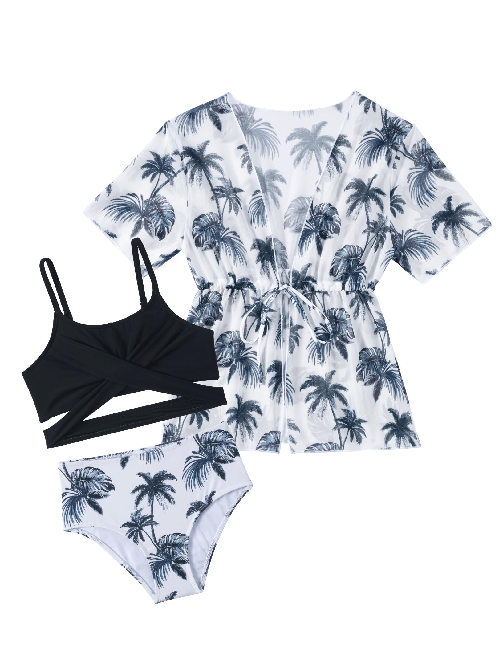 Arshiner Mädchen Bikini mit Pareo Set Dreiteiliges Sommer Badeanzug Strand Bikinis Sets für Kinder 7-15 Jahre