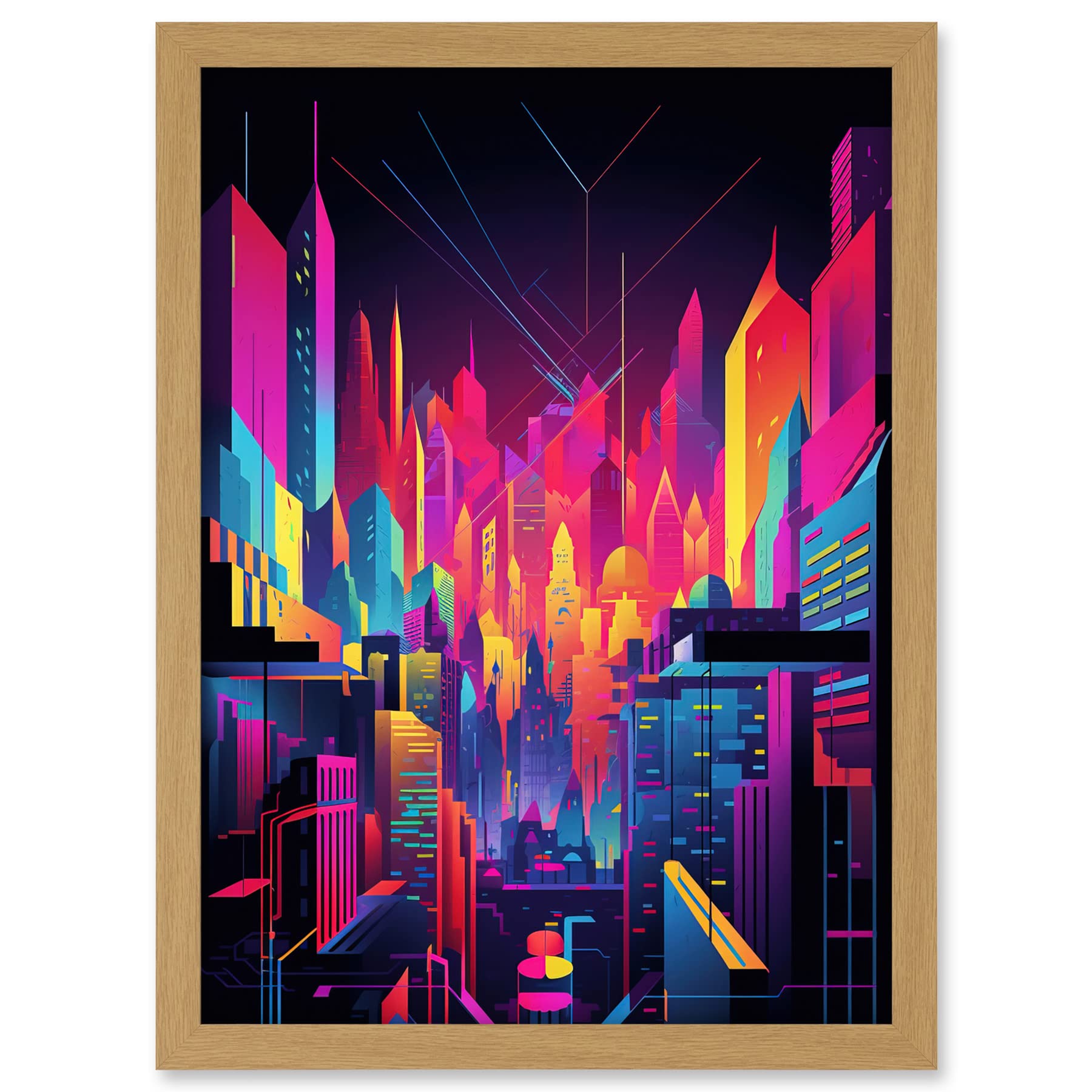 Artery8 Neon Light Colour Abstract Metropolis Cityscape at Night Modern Artwork Artwork Framed A3 Wall Art Print