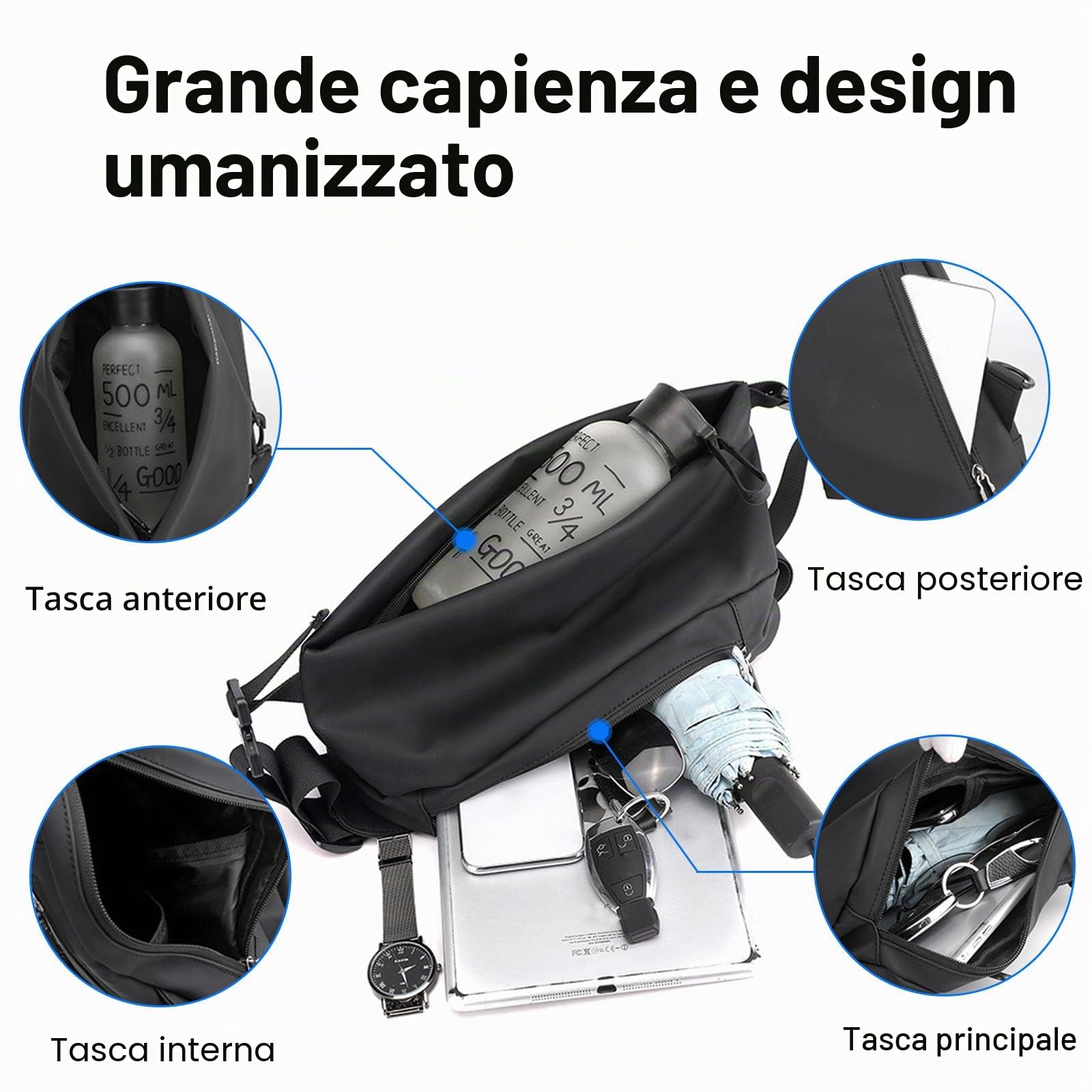 FANDARE Zaino Monospalla Borsello Uomo Tracolla Borsa Monospalla Borsa a Tracolla da Uomo borsa marsupio Borsa a Spalla Sling Bag Zaino Leggero per Uso Quotidiano Lavoro Trekking Viaggio Nero