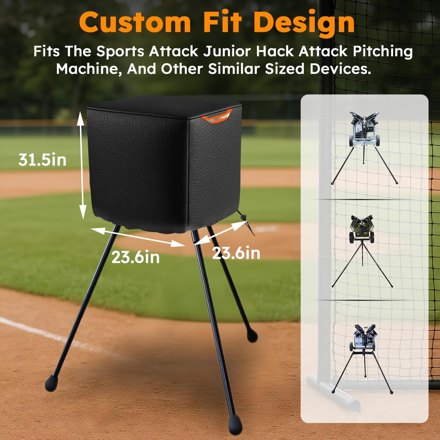 UUT Pitching Machine Cover – Pitching Machines Cover with Elastic Bottom & Reflective Handle, Leather-Look Waterproof Material (23.6" x 23.6" x31.5") – fits Most Baseball/Softball Pitching Machines. - Image 2