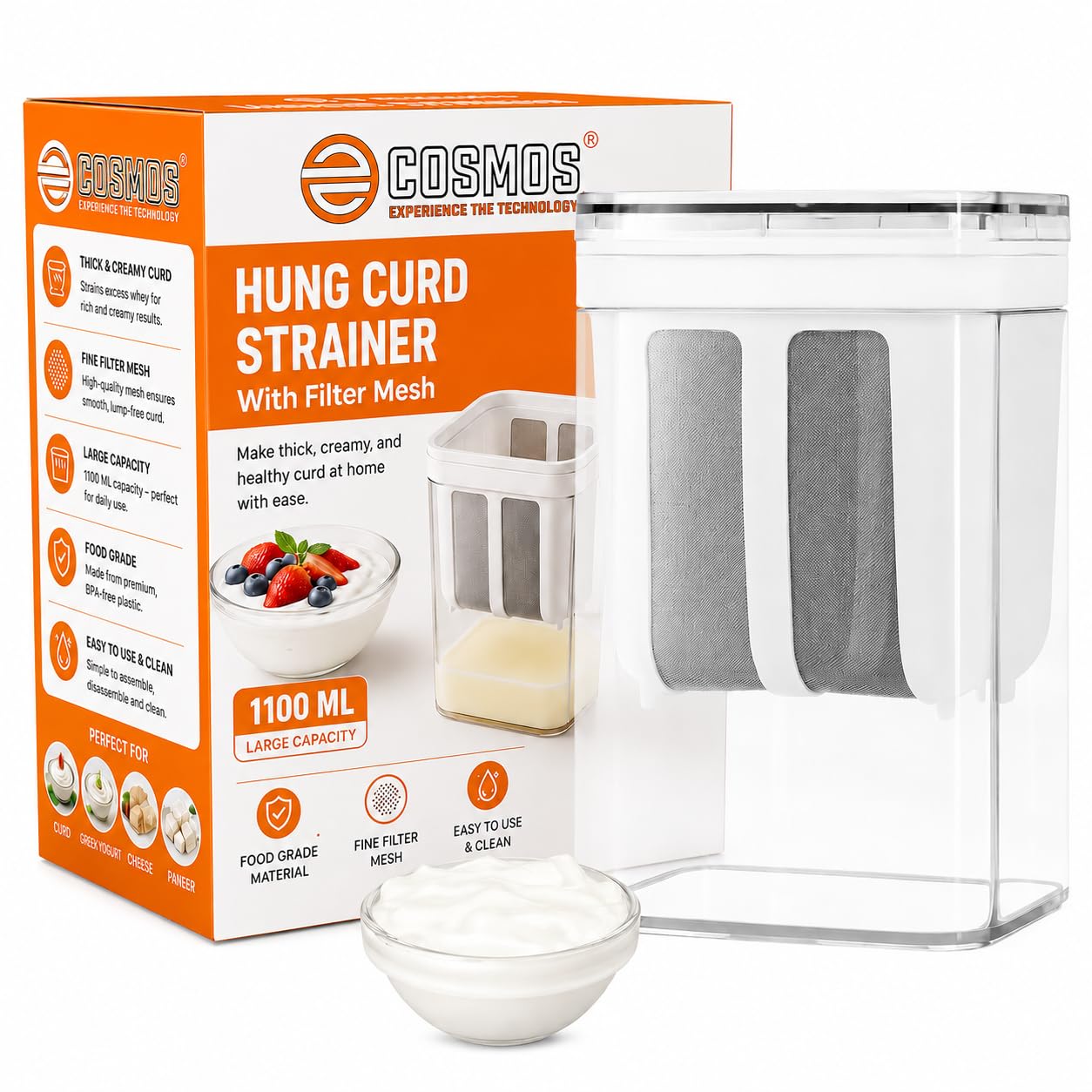 E-COSMOS® Plastic Multipurpose Greek Yogurt & Curd Maker Hung Curd - 1100ml | Durable, BPA-Free | Easy Homemade Yogurt & Cheese (Yogurt Maker), 10L x 8W x 16H cm, Multi-Coloured